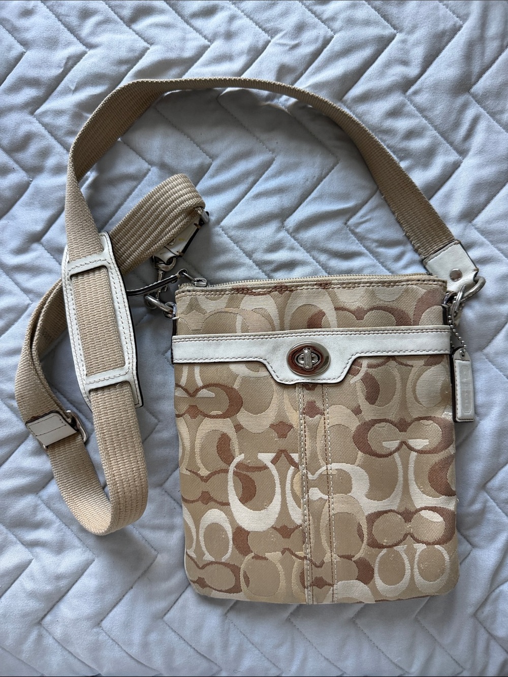 Coach Hampton Beige/Tan Signature Canvas Crossbody with White Trim
